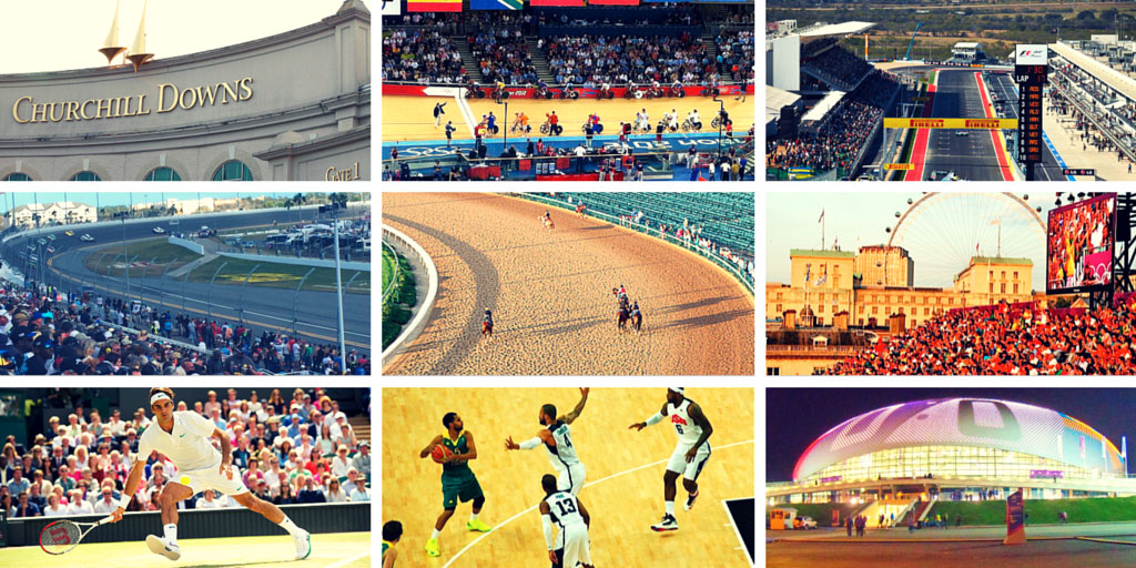 Collage featuring diverse sporting venues and events, including horse racing at Churchill Downs, basketball, tennis, and motor racing, highlighting the variety of Roadtrips News offerings.