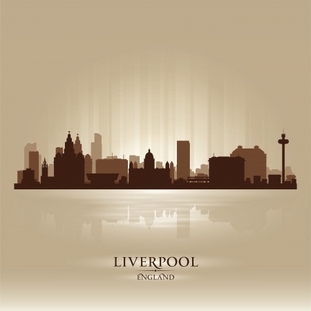 Silhouette of Liverpool's cityscape with reflections, linked to the attractions at the British Open in Liverpool, England.