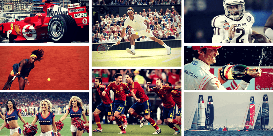 Collage showcasing diverse sports events: a Formula 1 car, a tennis match, a woman playing tennis on clay, football players celebrating, cheerleaders performing, and sailors competing in a boat race.