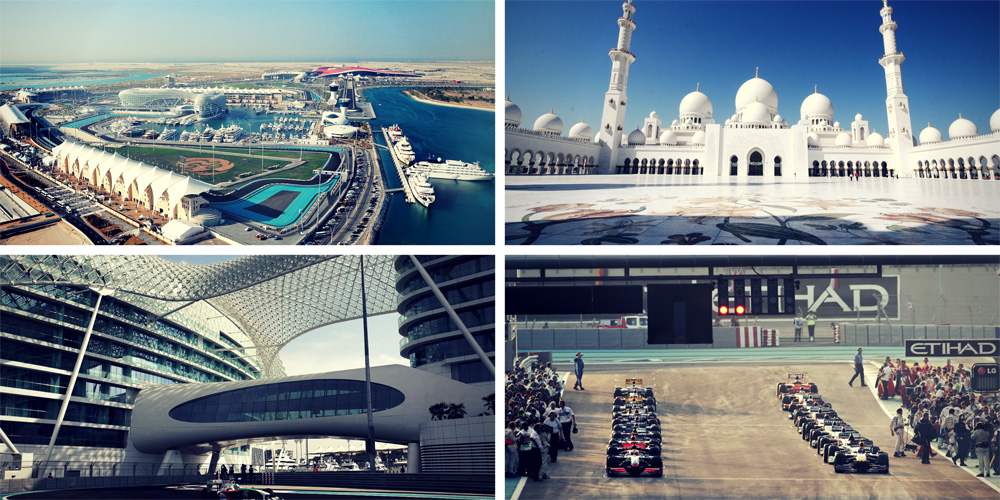Collage showcasing Abu Dhabi highlights: the Yas Marina Circuit, iconic architecture, the Sheikh Zayed Mosque, and an F1 racing event, emphasizing the city's major attractions and sporting venues.