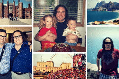 Collage of Jeff Wills, VP of Marketing at Roadtrips, showcasing various personal and professional moments including family time, travel, and public events.