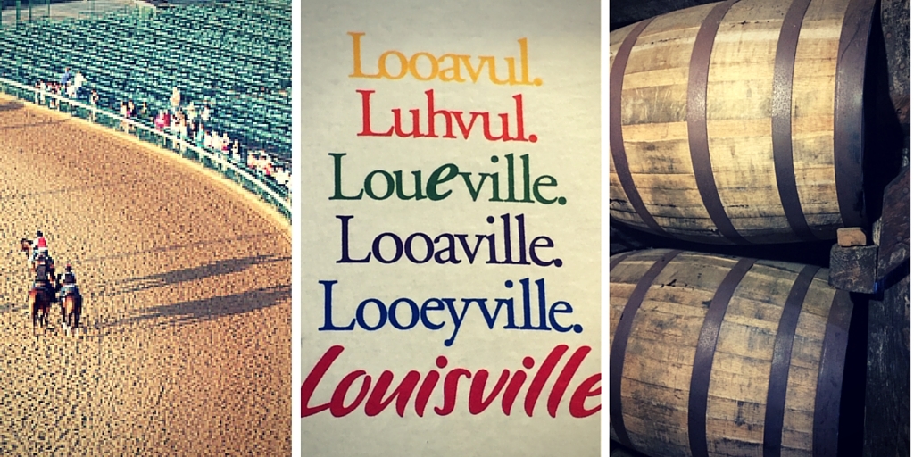 Three-part collage showcasing Louisville: an image of horse racing at a track, various stylized spellings of 'Louisville,' and close-up of wooden bourbon barrels, highlighting local attractions.