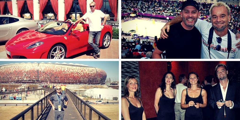 Collage of four images related to Roadtrips News, featuring a man with red sports car, another at a sports venue, grouped people at an event, and a man in front of a large stadium.