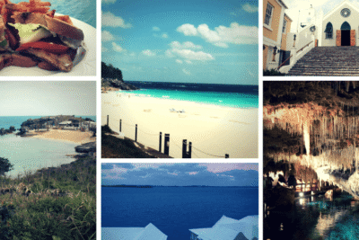 Collage showcasing Bermuda's attractions including a sandwich, vibrant beaches, charming architecture, rocky coastlines, and a captivating cave, reflecting the island's diverse tourist experiences.