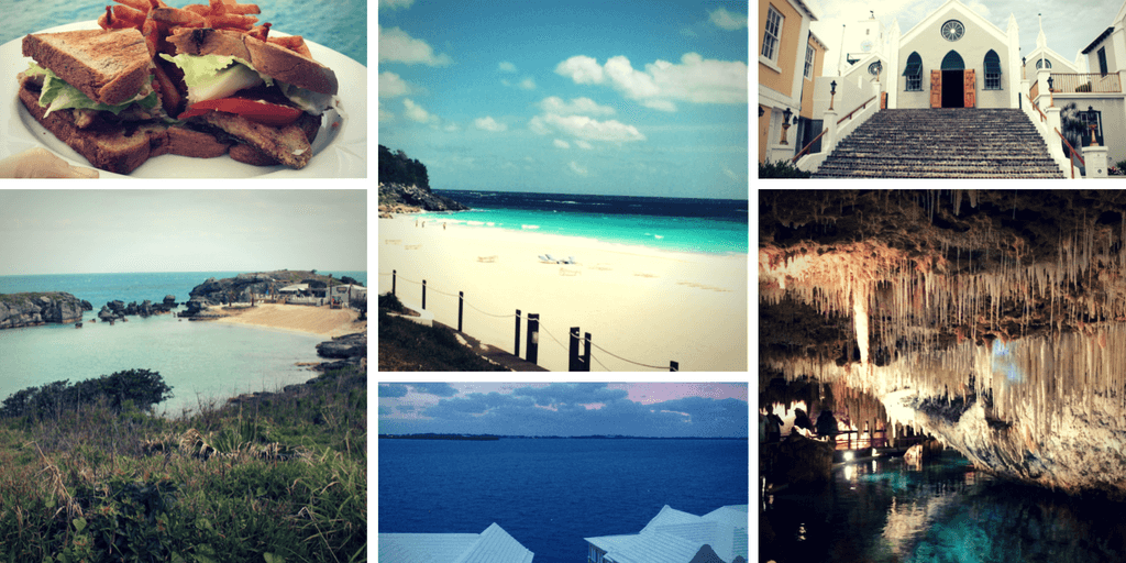 Collage showcasing Bermuda's attractions including a sandwich, vibrant beaches, charming architecture, rocky coastlines, and a captivating cave, reflecting the island's diverse tourist experiences.