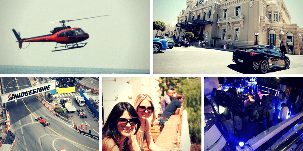 Collage of Monaco's top activities includes a helicopter flying near the beach, Formula 1 cars racing at the Monaco Grand Prix, luxury cars outside the Casino de Monte-Carlo, and people enjoying nightlife and sightseeing.