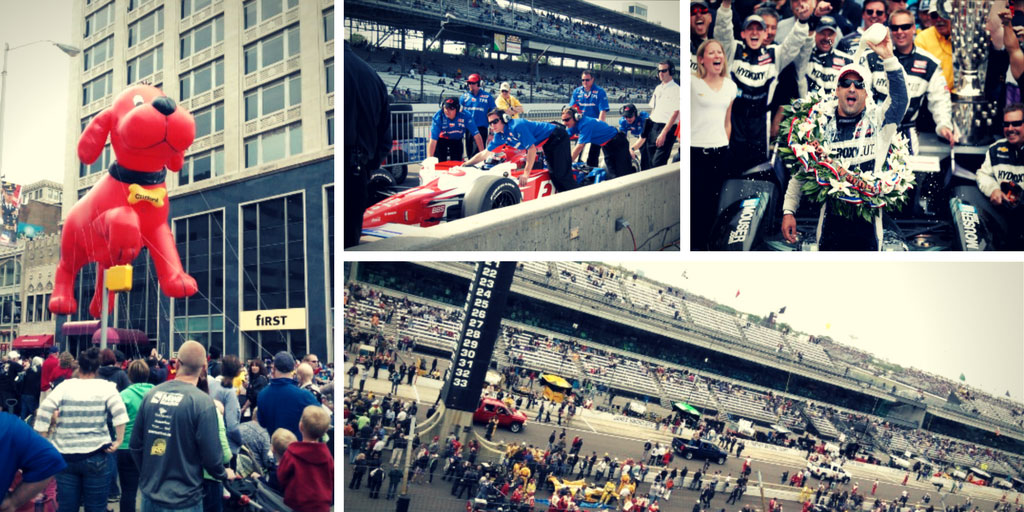A collage showing various scenes from the Indianapolis Grand Prix, featuring a large inflatable dog, a crowded spectator area, a racing car on the track, and a celebrating team with a wreath.