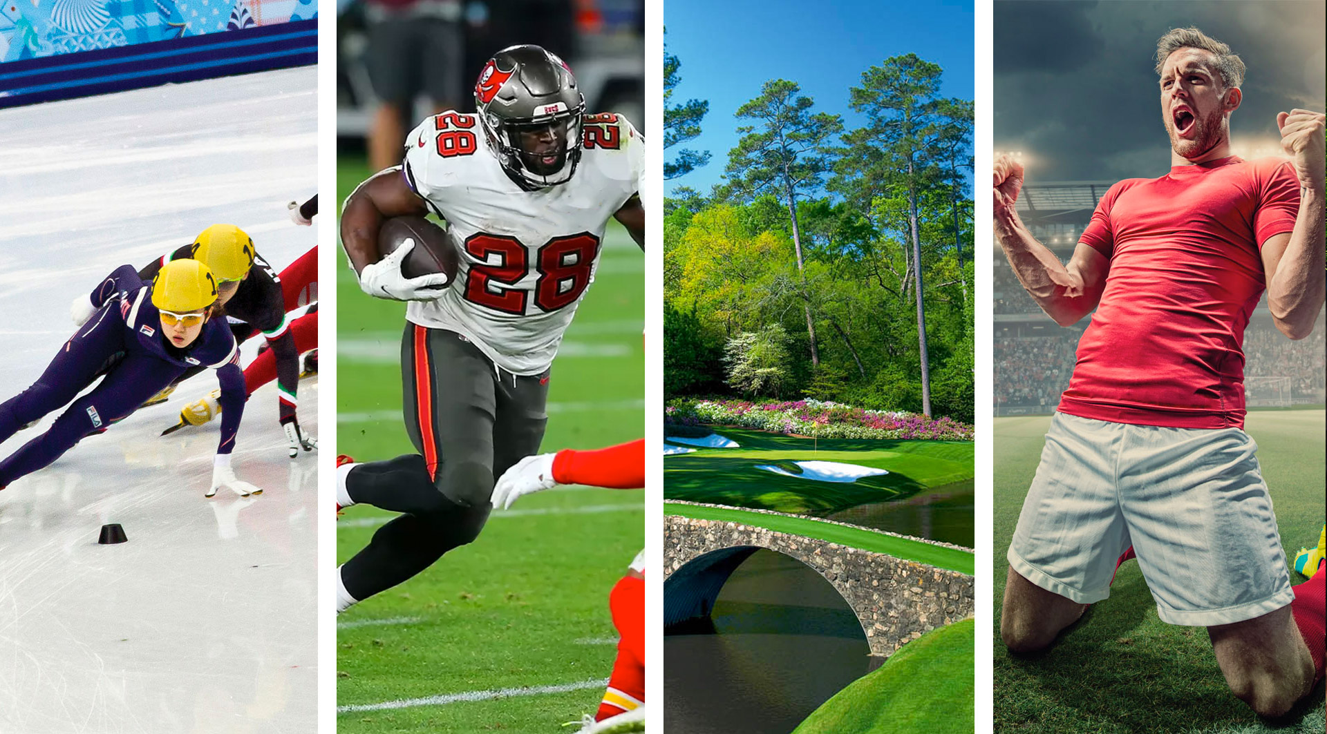 Collage showcasing diverse major sporting events, including speed skating, football, scenic golf course, and soccer, reflecting the global appeal of luxury sports travel.