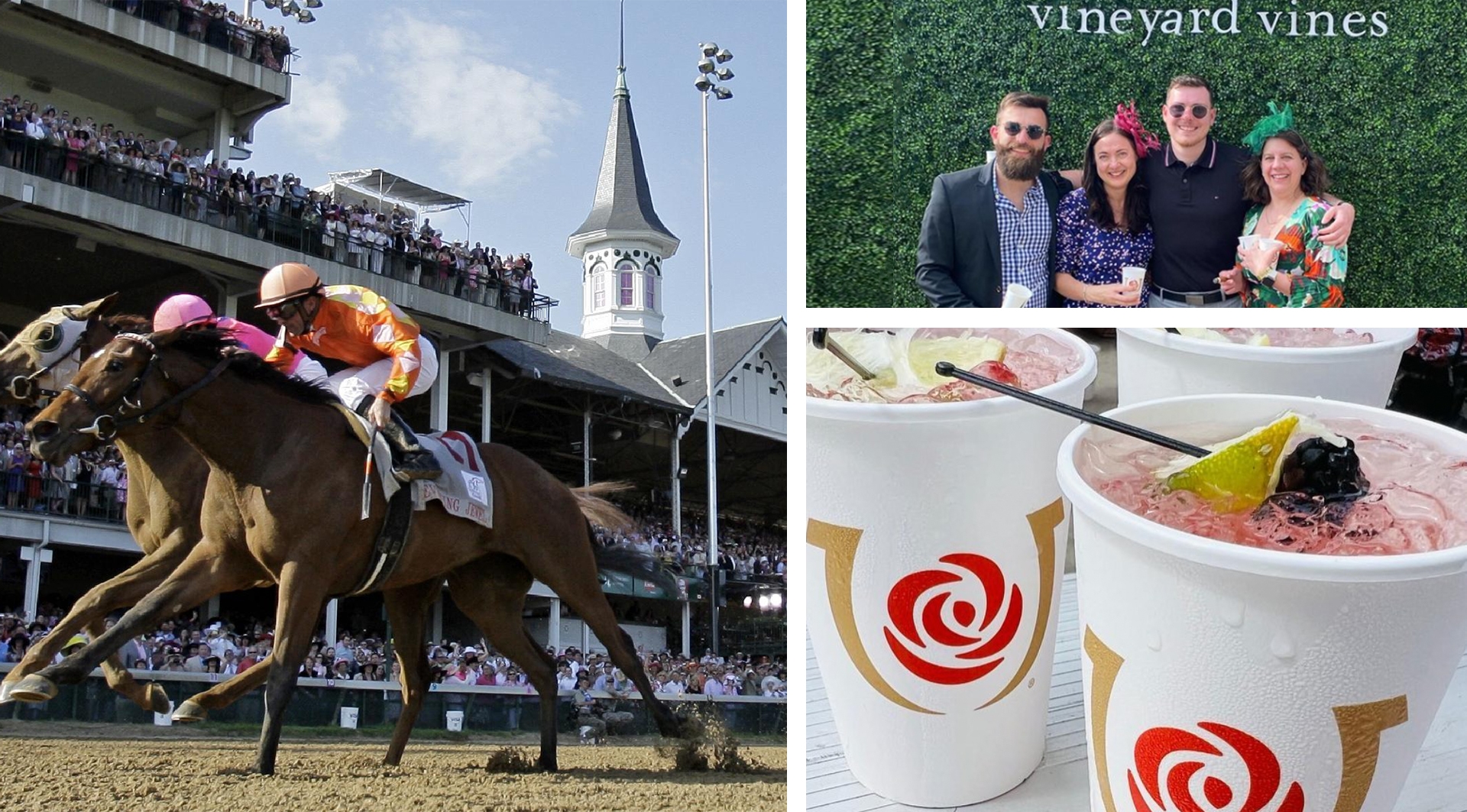 Collage highlighting popular activities in Louisville: a lively horse racing scene at a historic track, a group of friends enjoying beverages, and close-ups of refreshing mint juleps in branded cups.