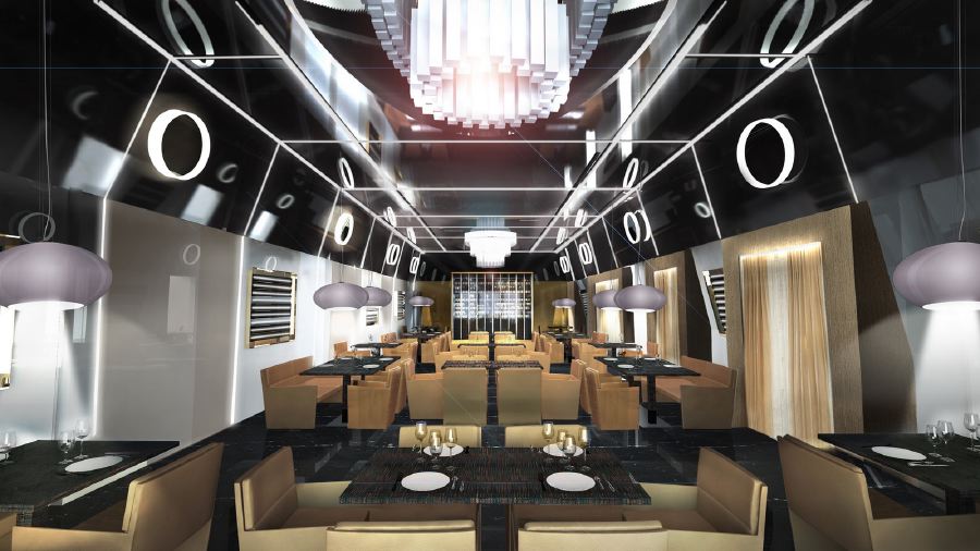 Luxurious dining room interior at the Excelsior Hotel Gallia in Milan, featuring sleek modern decor, ideal for guests attending the Italian Grand Prix.