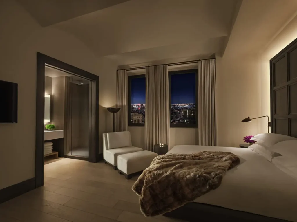 Luxurious room at the New York EDITION, featuring a plush bed, stylish seating, and a stunning nighttime city view, ideal for Ryder Cup accommodations.