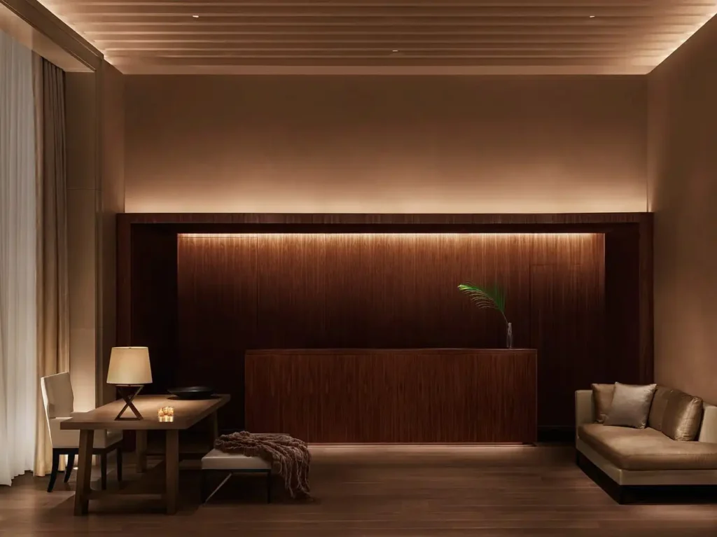 Elegant luxury hotel lobby in New York featuring a warmly lit front desk with sophisticated wooden design, ideal for Ryder Cup accommodations.