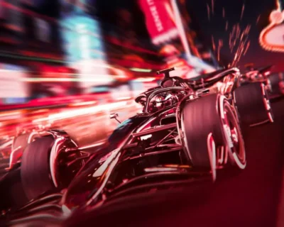 Race cars speed down a track at the Las Vegas Grand Prix, highlighted by vibrant, blurred lights and racing imagery perfect for those seeking Las Vegas Grand Prix Packages.