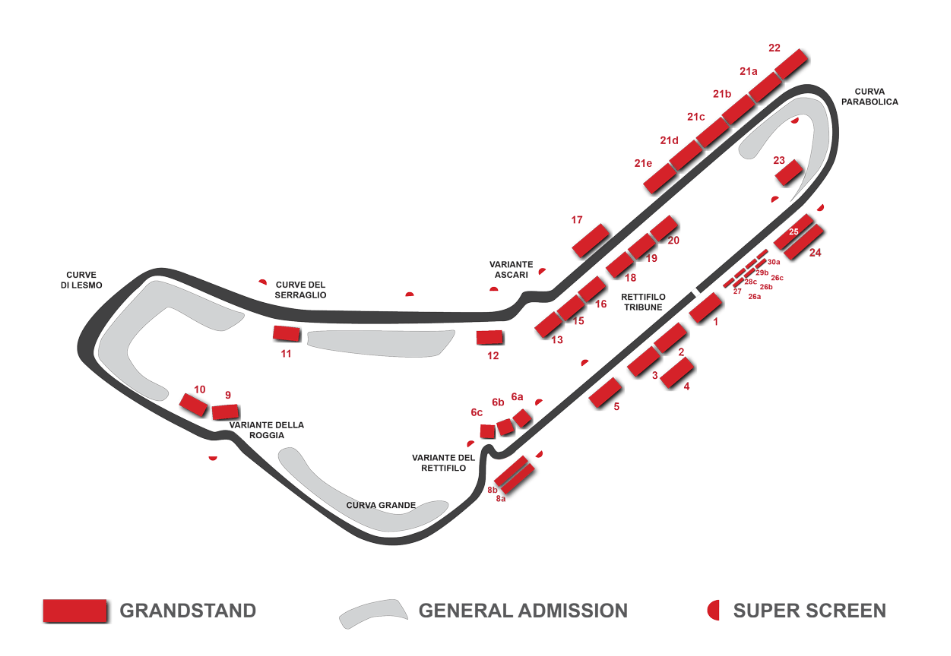 Map showcasing the grandstand and general admission areas at Autodromo Nazionale Monza for the Italian Grand Prix, highlighting various viewing sections and super screens.
