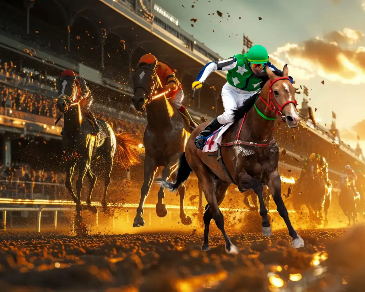 A jockey in green and white silks rides a horse mid-race at Churchill Downs, highlighting the excitement of sports travel packages for the Kentucky Derby.