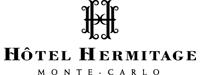 Logo of Hotel Hermitage Monte Carlo, featuring elegant, ornate lettering and a decorative window design, hinting at its luxury accommodation services in Monaco.