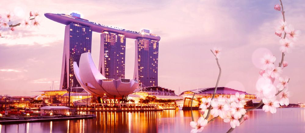 Evening view of the Marina Bay Sands and the ArtScience Museum in Singapore, decorated with pink blossoms, promoting Singapore Grand Prix travel packages, featuring team hospitality and private transfers.