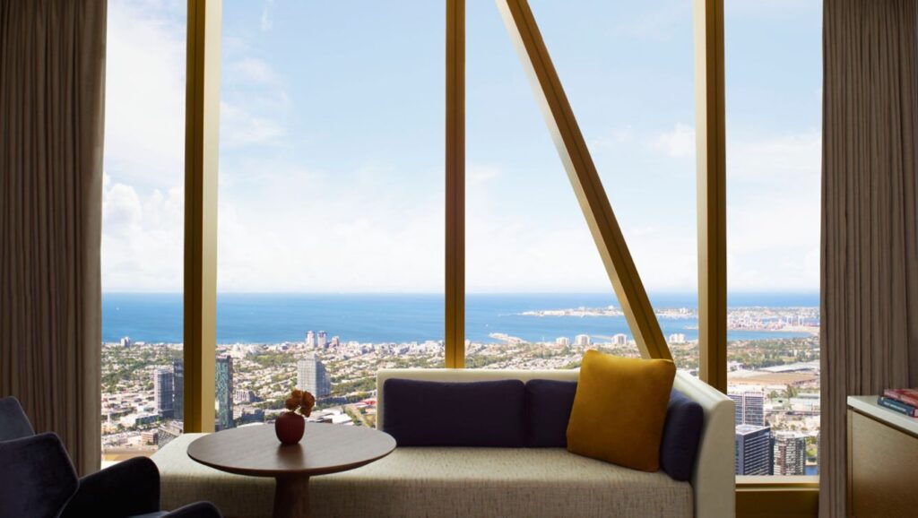 View from a room at The Ritz-Carlton Melbourne on 650 Lonsdale Street showing a panoramic seascape of Melbourne, ideal for visitors seeking luxury accommodations near Melbourne Park.