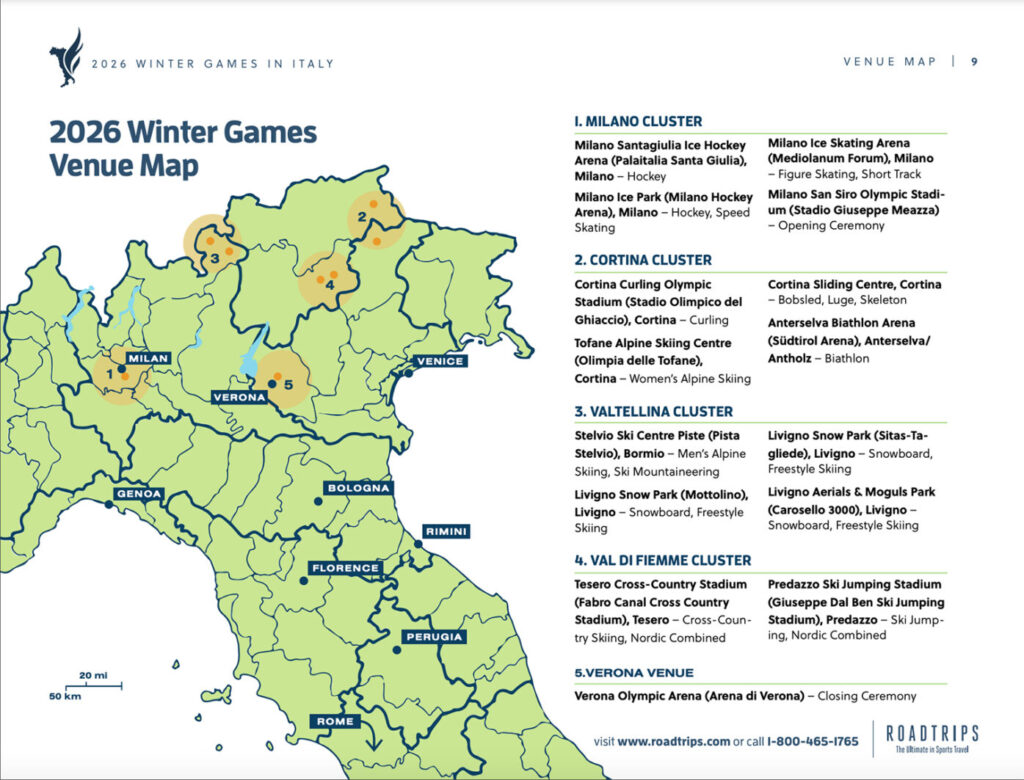 Map showing the Winter Games venues in various clusters across Milan and Cortina in Italy, detailing locations for different sporting events and ceremonies.