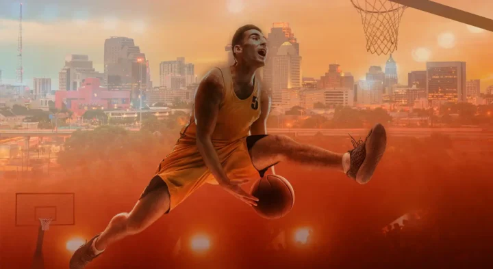 Basketball player in mid-air action against an artistic backdrop of San Antonio, highlighting basketball travel packages for the Men’s Final Four at the Alamodome.