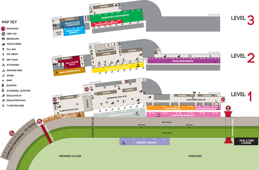 Color-coded venue map showing different levels and sections for Preakness Stakes event facilities, including food, drink, and accessibility options.