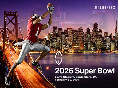 Football player catching a ball on a bridge with a city skyline in the background, advertising the Super Bowl at Levi's Stadium, by Roadtrips.