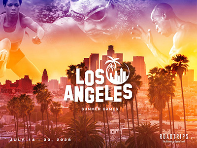 Promotional poster for the Summer Games in Los Angeles, featuring athletes in action and a cityscape at sunset, with text for the event dates and Roadtrips logo.