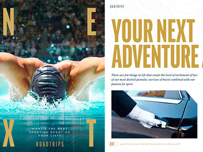 A brochure from Roadtrips showcases a swimmer in action and a luxury car, promoting 'Your Next Adventure' in sports travel, with emphasis on exclusive experiences at major sporting events.