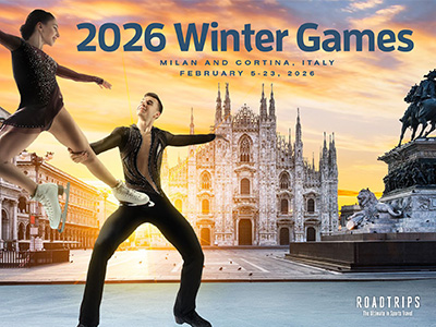 Figure skaters perform in front of Milan's cathedral on a brochure promoting the Winter Games in Milan and Cortina, Italy, provided by Luxury Travel Guides by Roadtrips.