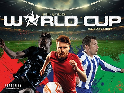 Promotional brochure for the World Cup hosted by the USA, Mexico, and Canada, featuring dynamic illustrations of soccer players and a stadium backdrop, released by Luxury Travel Guides by Roadtrips.