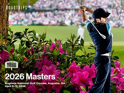 Golfer swinging a club at the Masters tournament, surrounded by pink flowers, featured in a brochure by Luxury Travel Guides by Roadtrips for major sporting events.